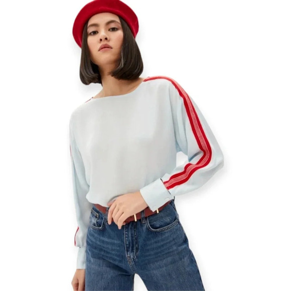 Sandro Lucienne Track Stripe Blouse Blue and Red Sporty Designer 2 or Medium - Picture 1 of 17